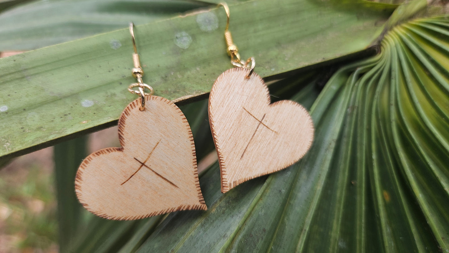 Heart Woodburned Hook Earrings with Crosses