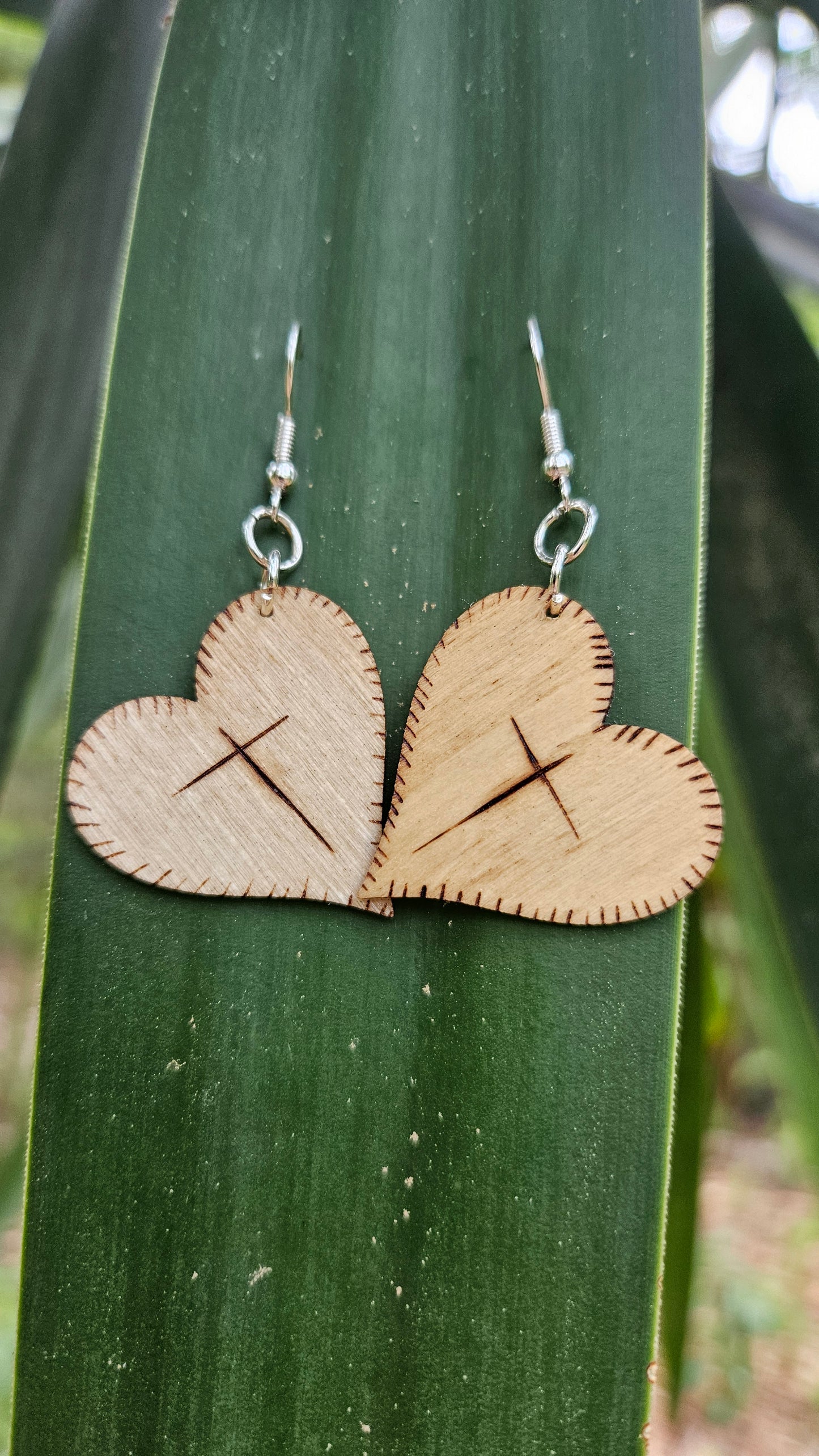 Heart Woodburned Hook Earrings with Crosses