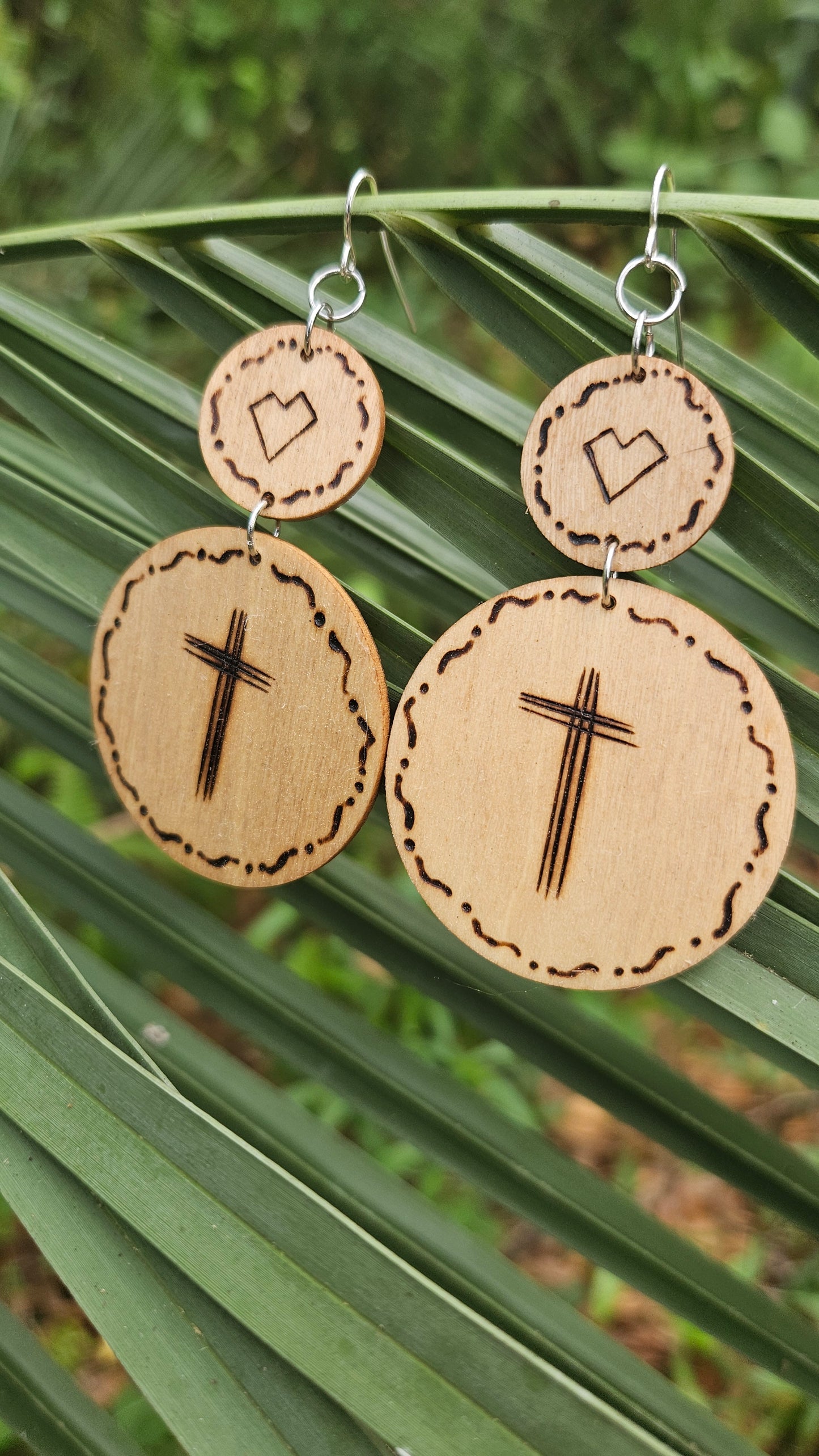 Oversized Large Woodburned Hook Earrings with Cross