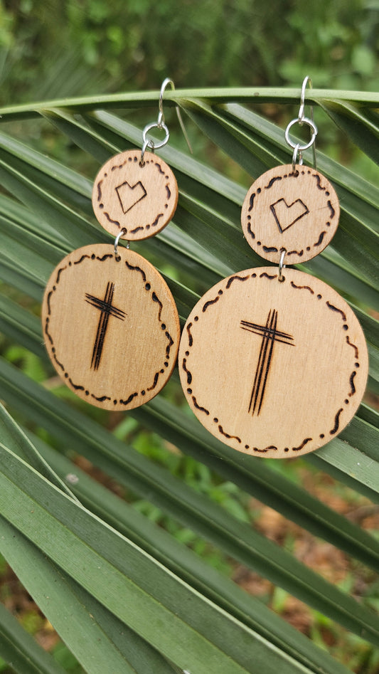 Oversized Large Woodburned Hook Earrings with Cross